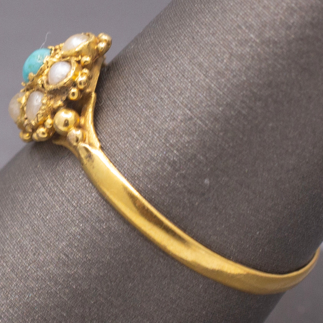 Petite Seed Pearl and Turquoise Victorian Ring in 22k Yellow Gold