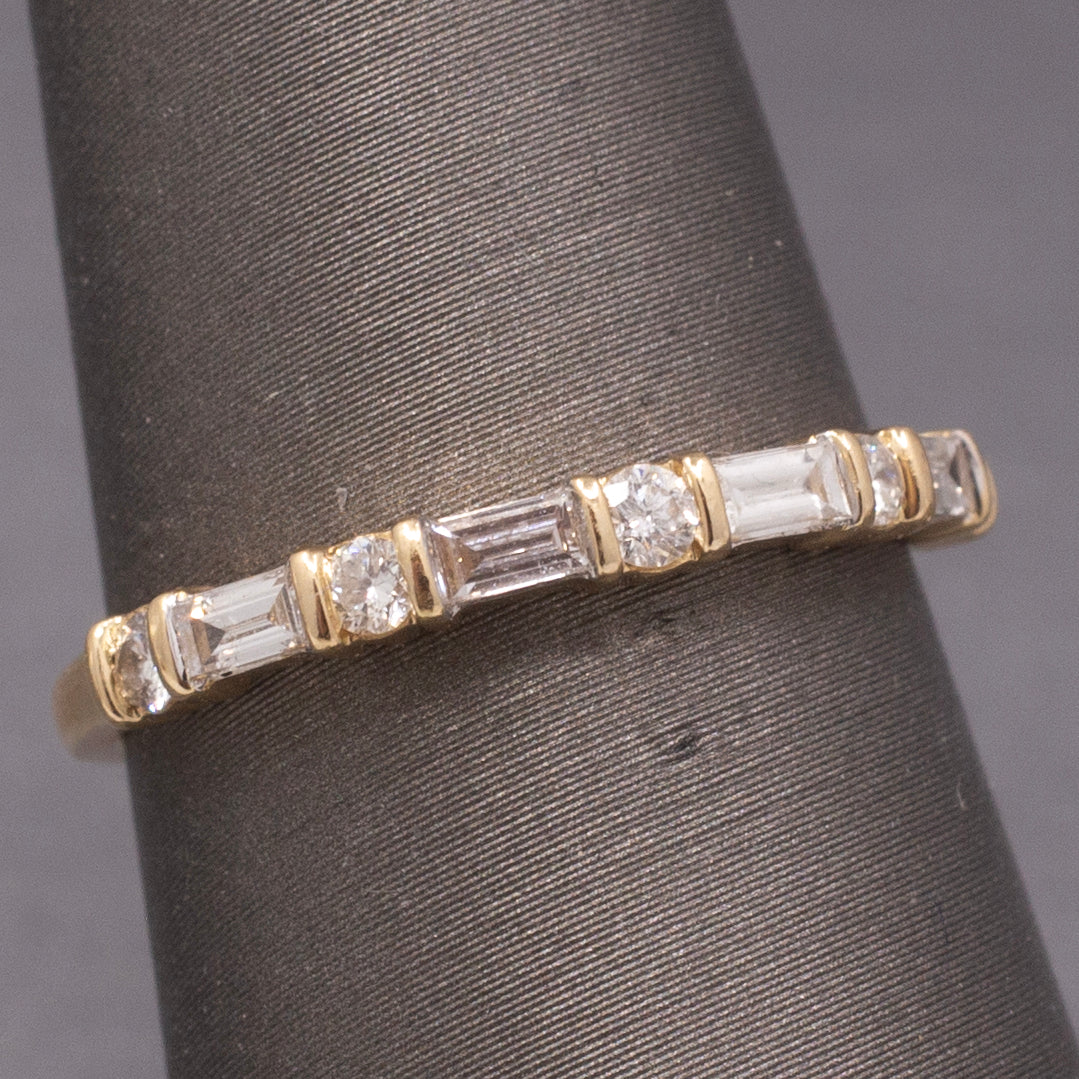 Petite Stackable Round & Baguette Cut Natural Diamond Ring in 14k Yellow Gold