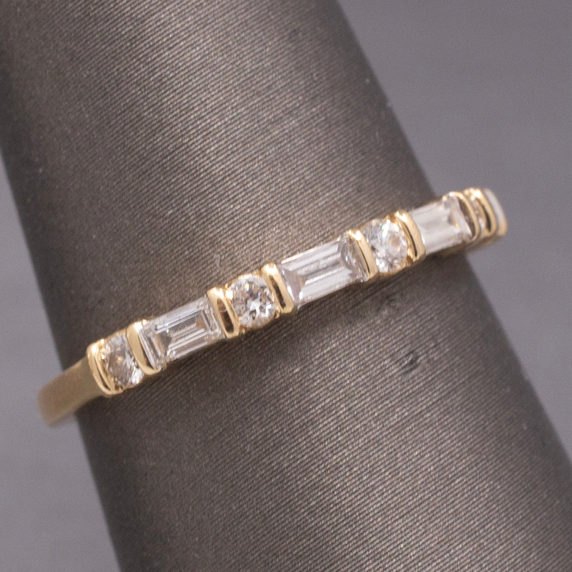 Petite Stackable Round & Baguette Cut Natural Diamond Ring in 14k Yellow Gold