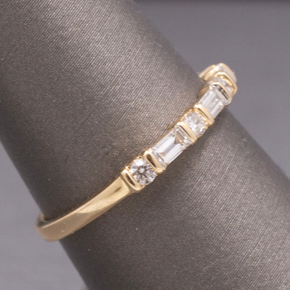 Petite Stackable Round & Baguette Cut Natural Diamond Ring in 14k Yellow Gold
