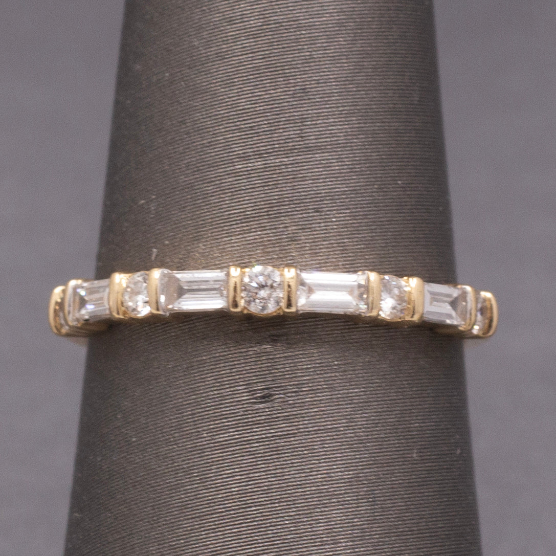 Petite Stackable Round & Baguette Cut Natural Diamond Ring in 14k Yellow Gold