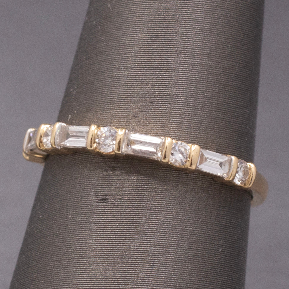 Petite Stackable Round & Baguette Cut Natural Diamond Ring in 14k Yellow Gold
