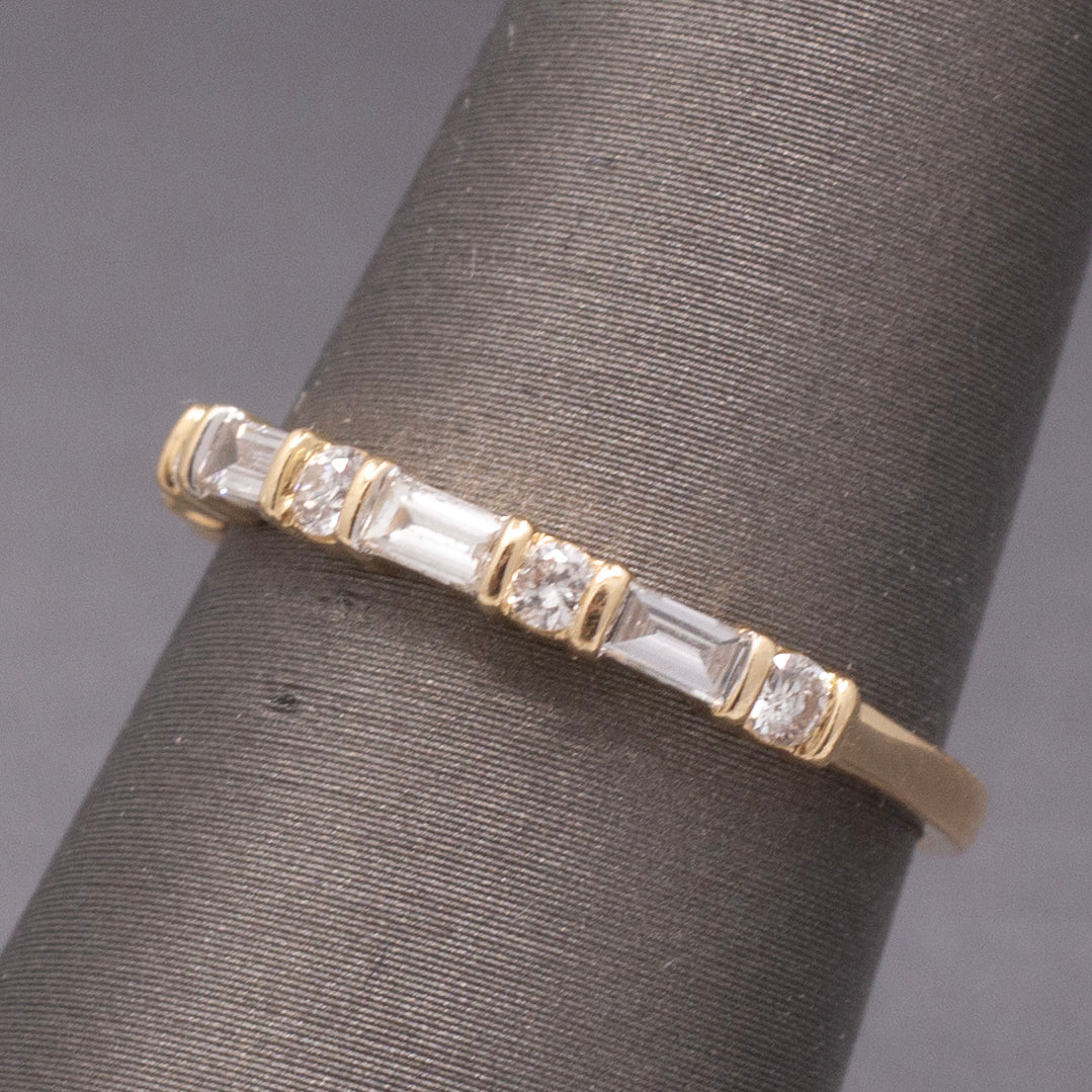 Petite Stackable Round & Baguette Cut Natural Diamond Ring in 14k Yellow Gold