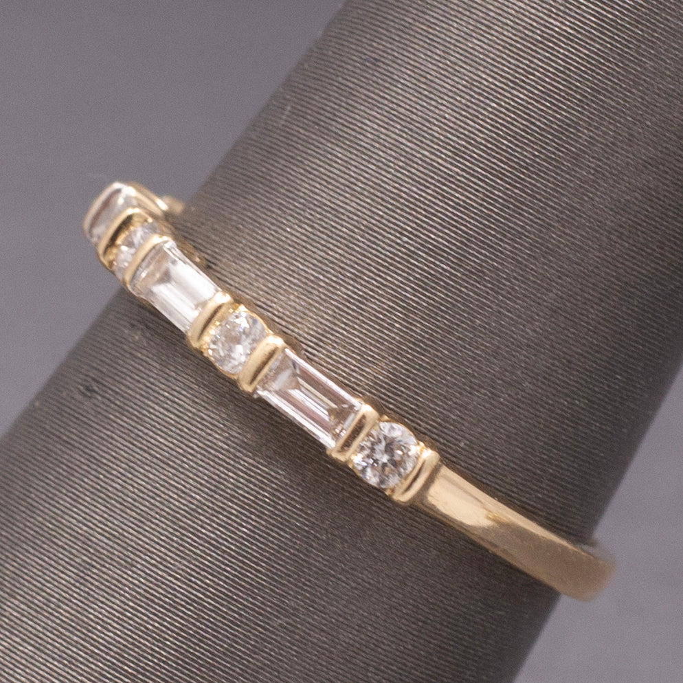 Petite Stackable Round & Baguette Cut Natural Diamond Ring in 14k Yellow Gold