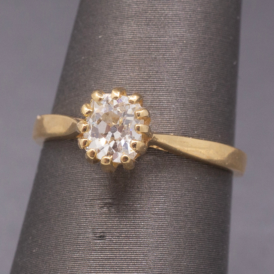 Antique Victorian Elongated Old Mine Cut Cushion Natural Diamond Ring in 14k YG