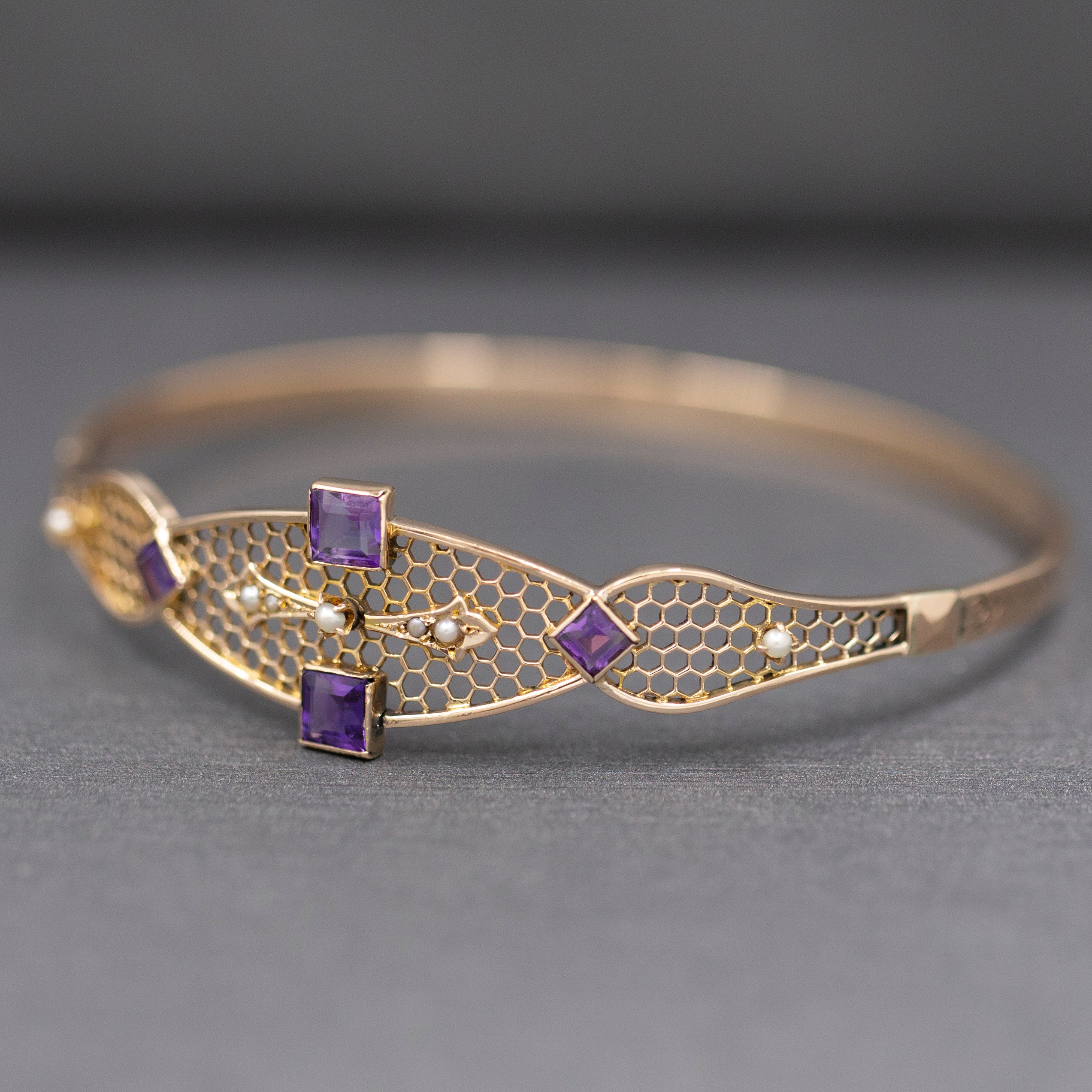 Antique Victorian Amethyst and Seed Pearl Honeycomb Round Bangle in 10k Rose Gold