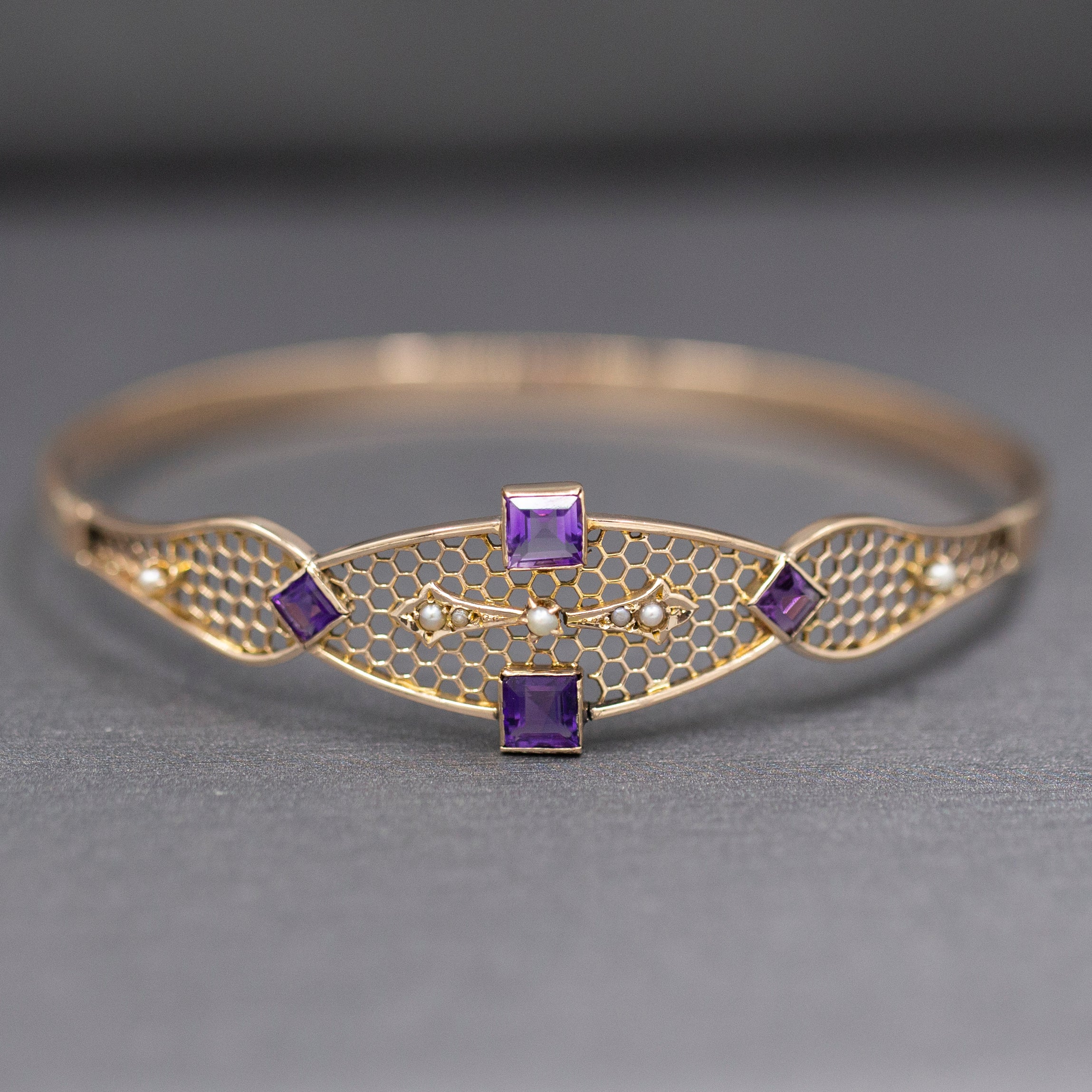 Antique Victorian Amethyst and Seed Pearl Honeycomb Round Bangle in 10k Rose Gold