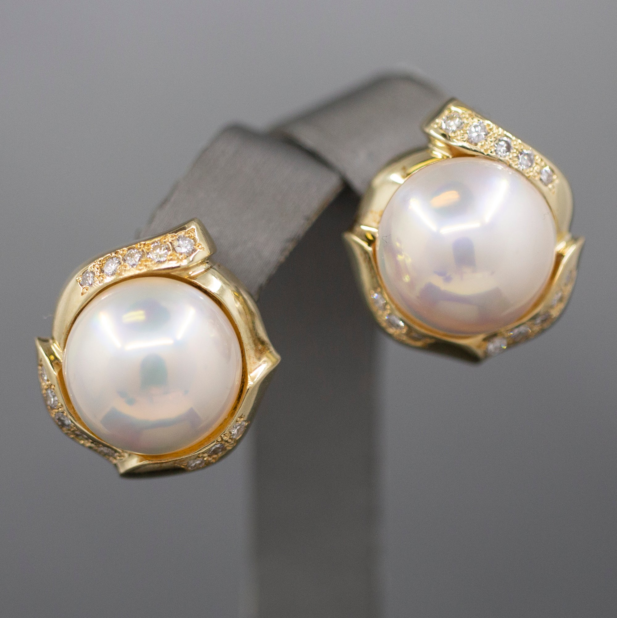 Lustrous Mabe' Pearl and Diamond Omega Back Earrings in 14k Yellow Gold