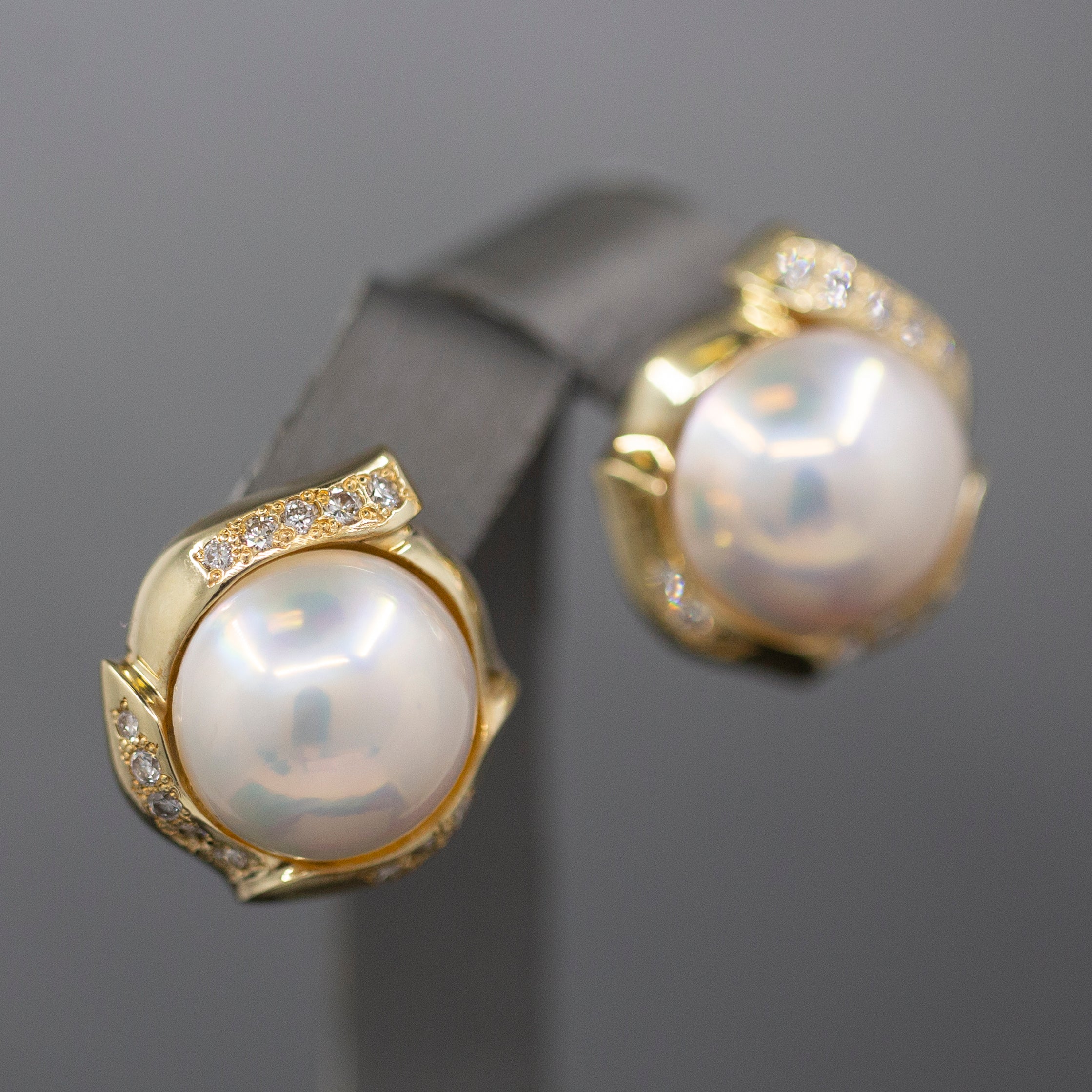 Lustrous Mabe' Pearl and Diamond Omega Back Earrings in 14k Yellow Gold