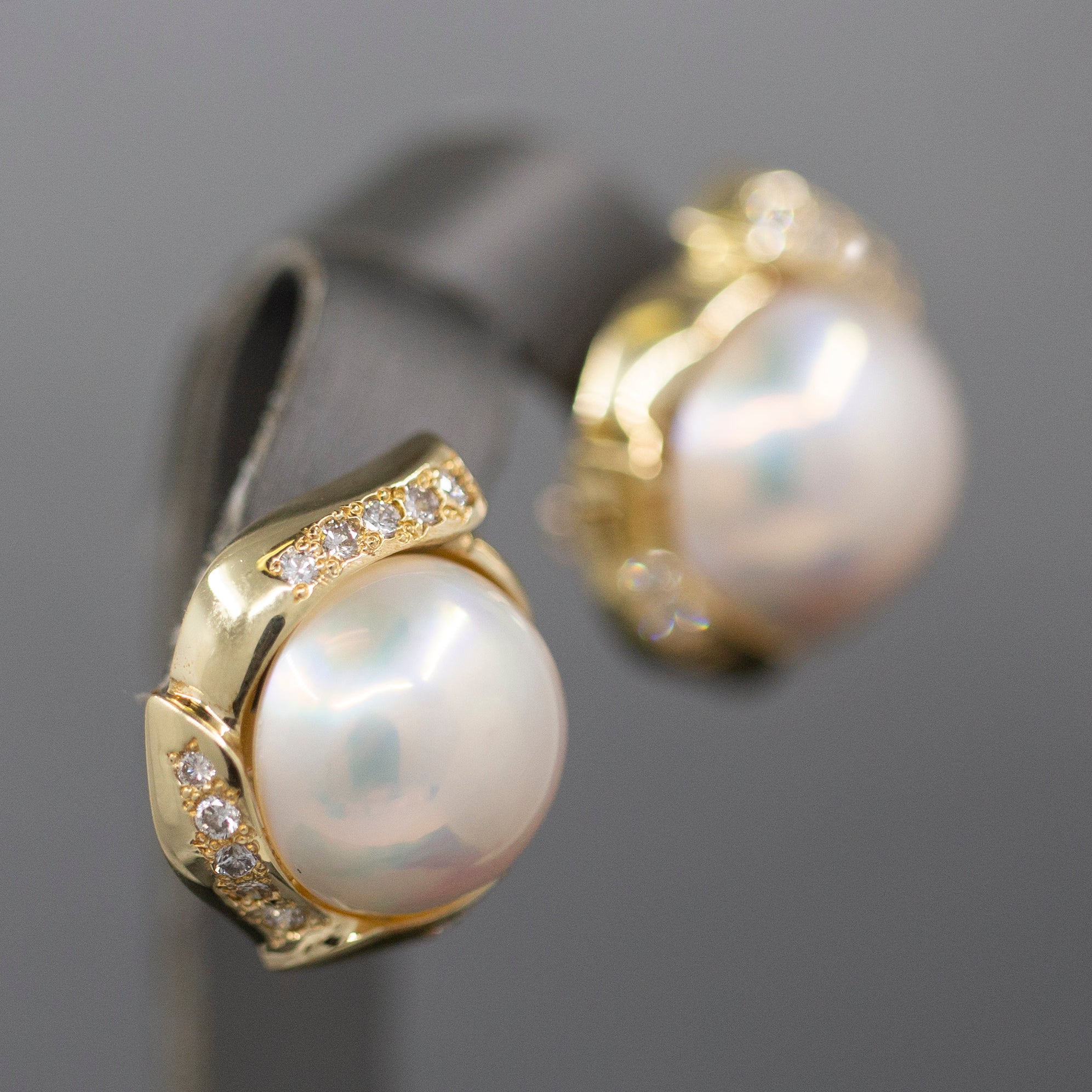 Lustrous Mabe' Pearl and Diamond Omega Back Earrings in 14k Yellow Gold