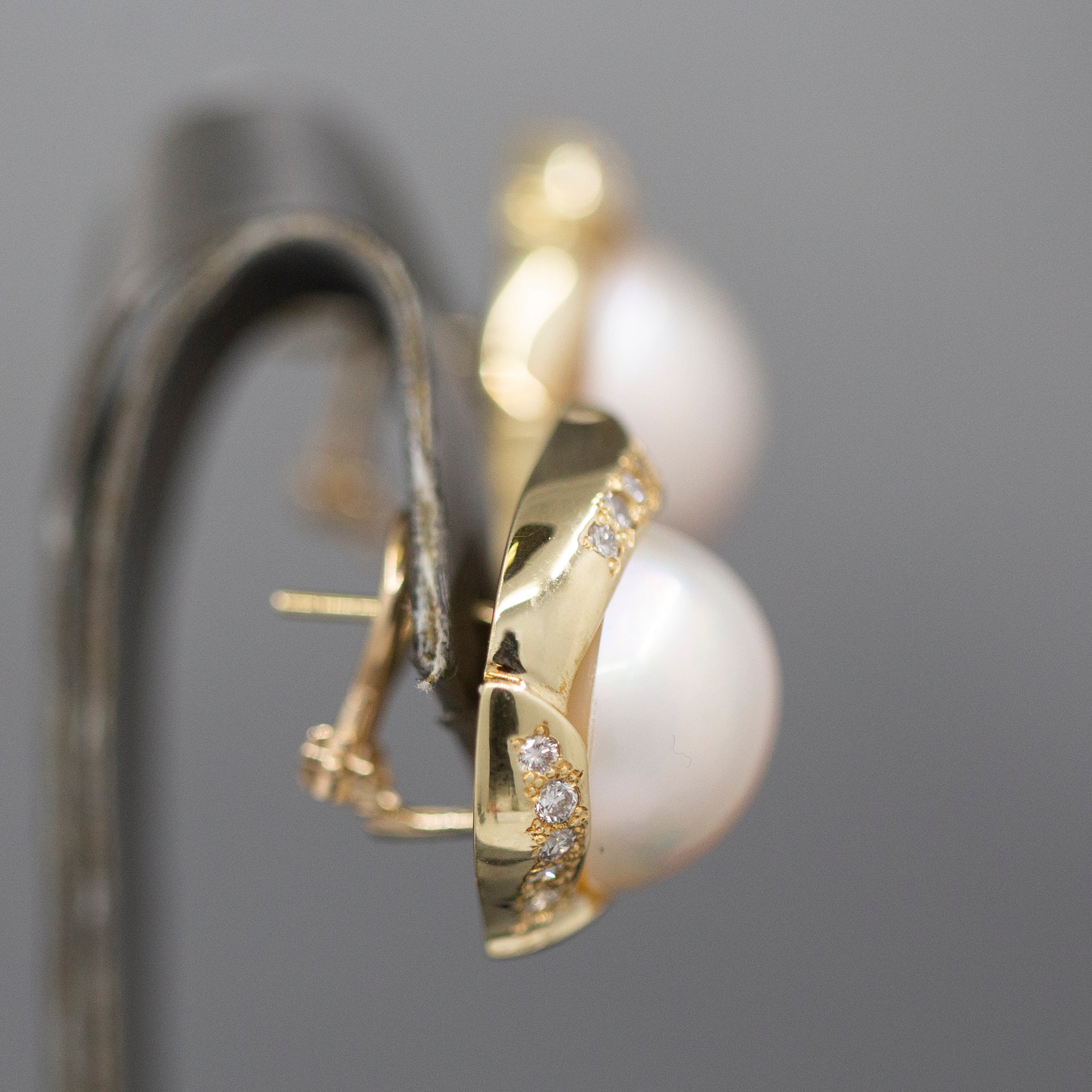 Lustrous Mabe' Pearl and Diamond Omega Back Earrings in 14k Yellow Gold
