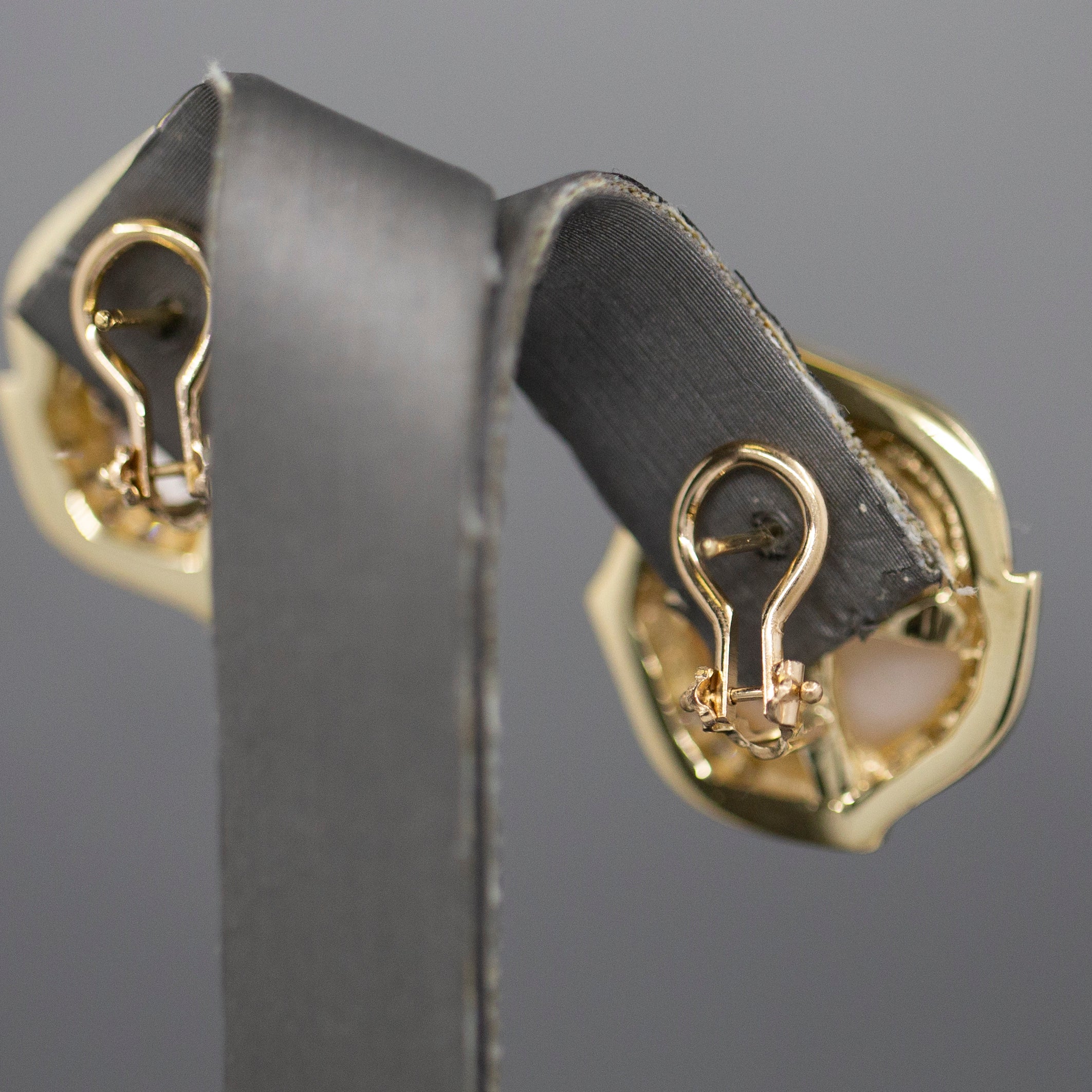 Lustrous Mabe' Pearl and Diamond Omega Back Earrings in 14k Yellow Gold