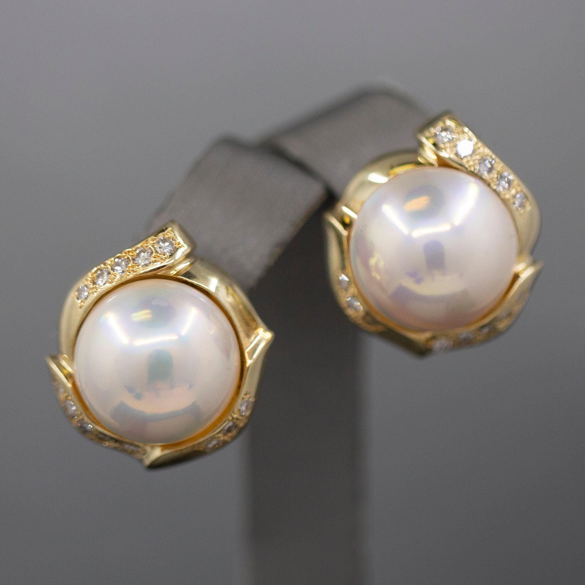 Lustrous Mabe' Pearl and Diamond Omega Back Earrings in 14k Yellow Gold