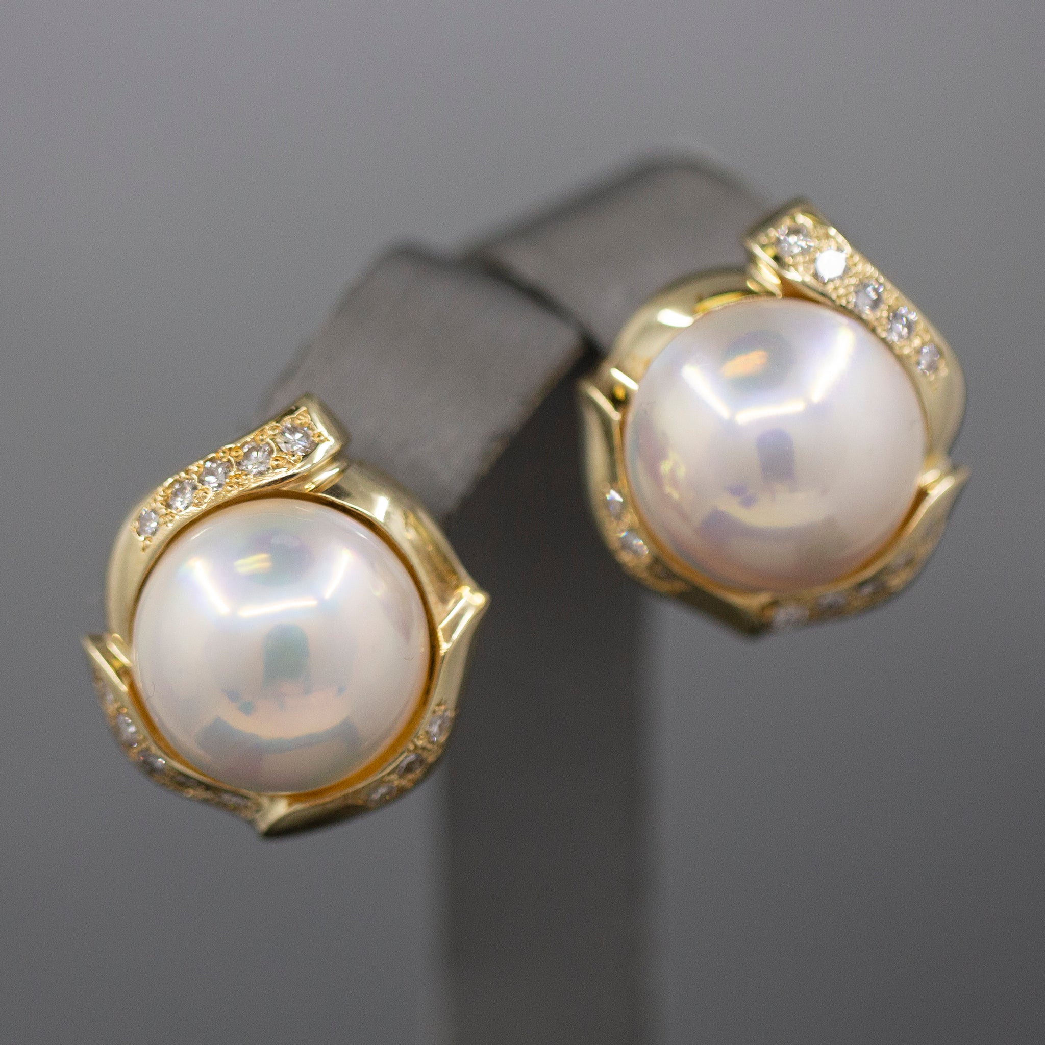 Lustrous Mabe' Pearl and Diamond Omega Back Earrings in 14k Yellow Gold