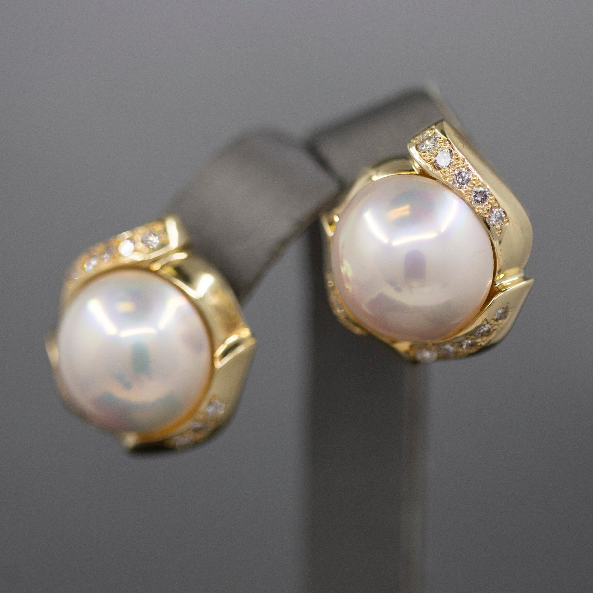 Lustrous Mabe' Pearl and Diamond Omega Back Earrings in 14k Yellow Gold