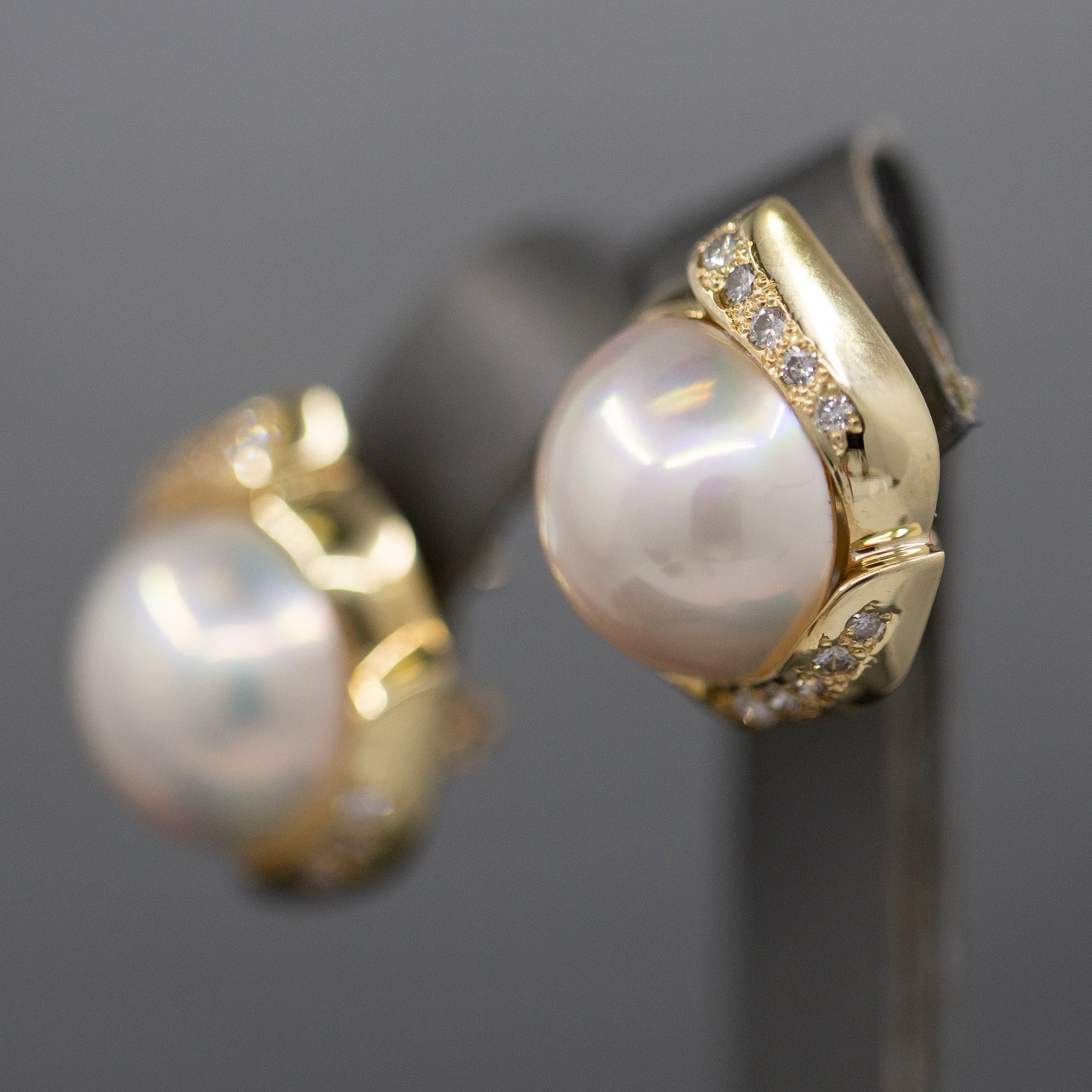 Lustrous Mabe' Pearl and Diamond Omega Back Earrings in 14k Yellow Gold