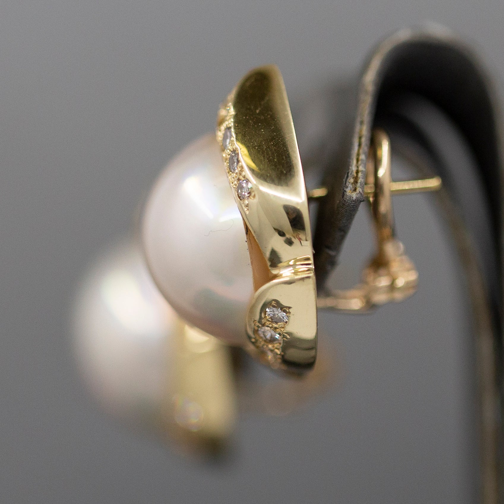 Lustrous Mabe' Pearl and Diamond Omega Back Earrings in 14k Yellow Gold