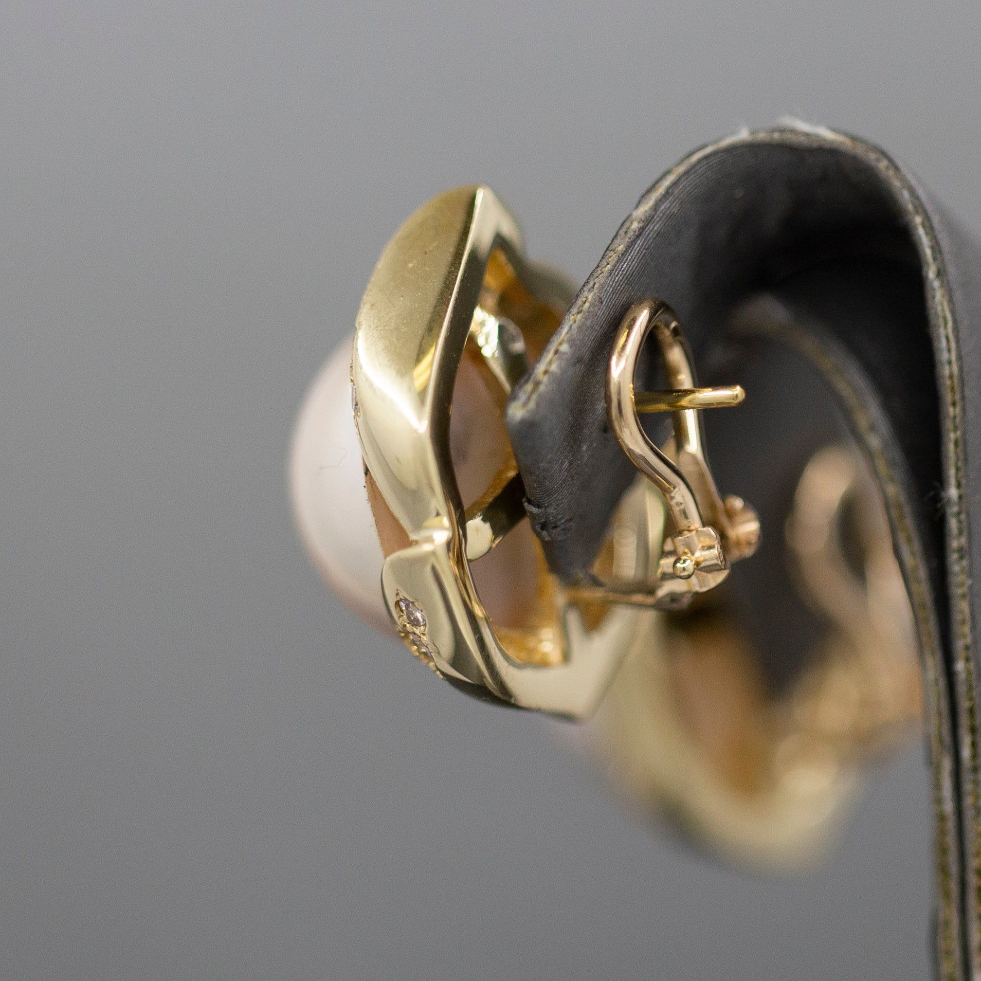 Lustrous Mabe' Pearl and Diamond Omega Back Earrings in 14k Yellow Gold