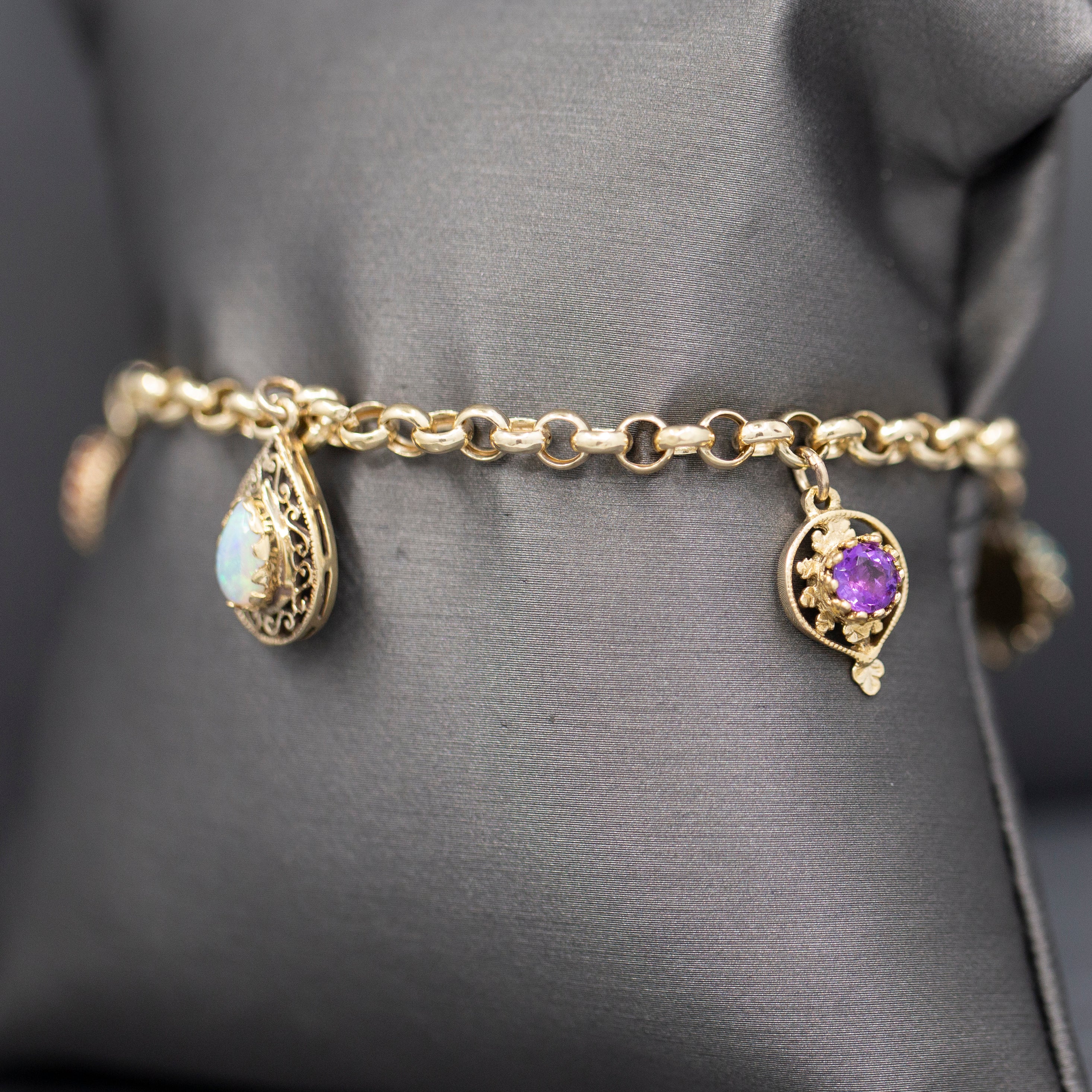 Multi-Gemstone Dangling Charm Bracelet on Rolo Chain in 14k Yellow Gold