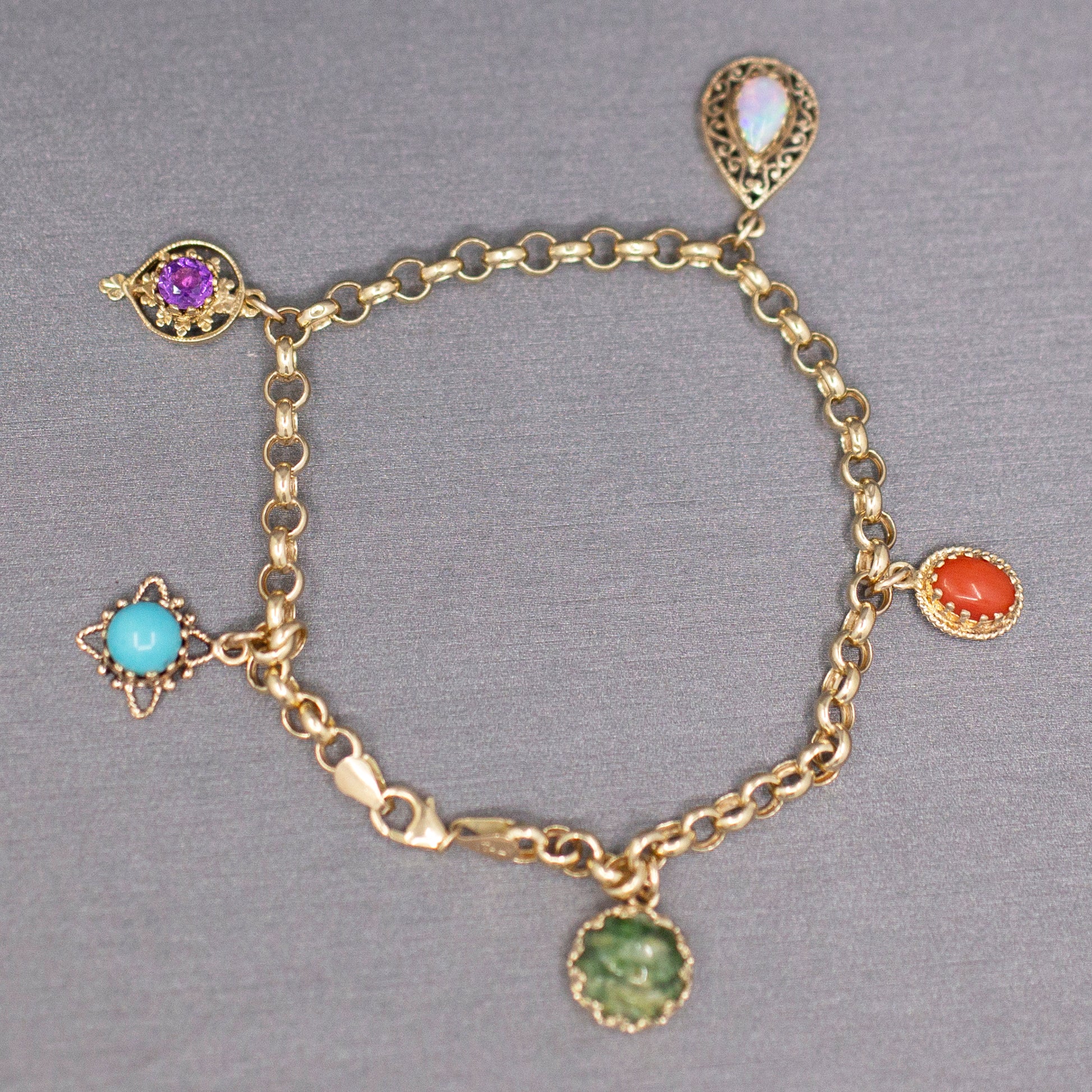 Multi-Gemstone Dangling Charm Bracelet on Rolo Chain in 14k Yellow Gold
