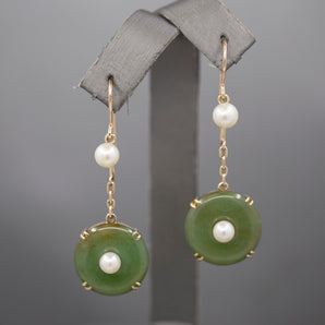 Vintage Mid-Century Nephrite Jade and Pearl Dangle Earrings in 10k Yellow Gold