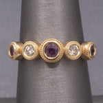 Handcrafted Rhodolite Garnet and Diamond Bezel Set Band Ring in 14k Yellow Gold