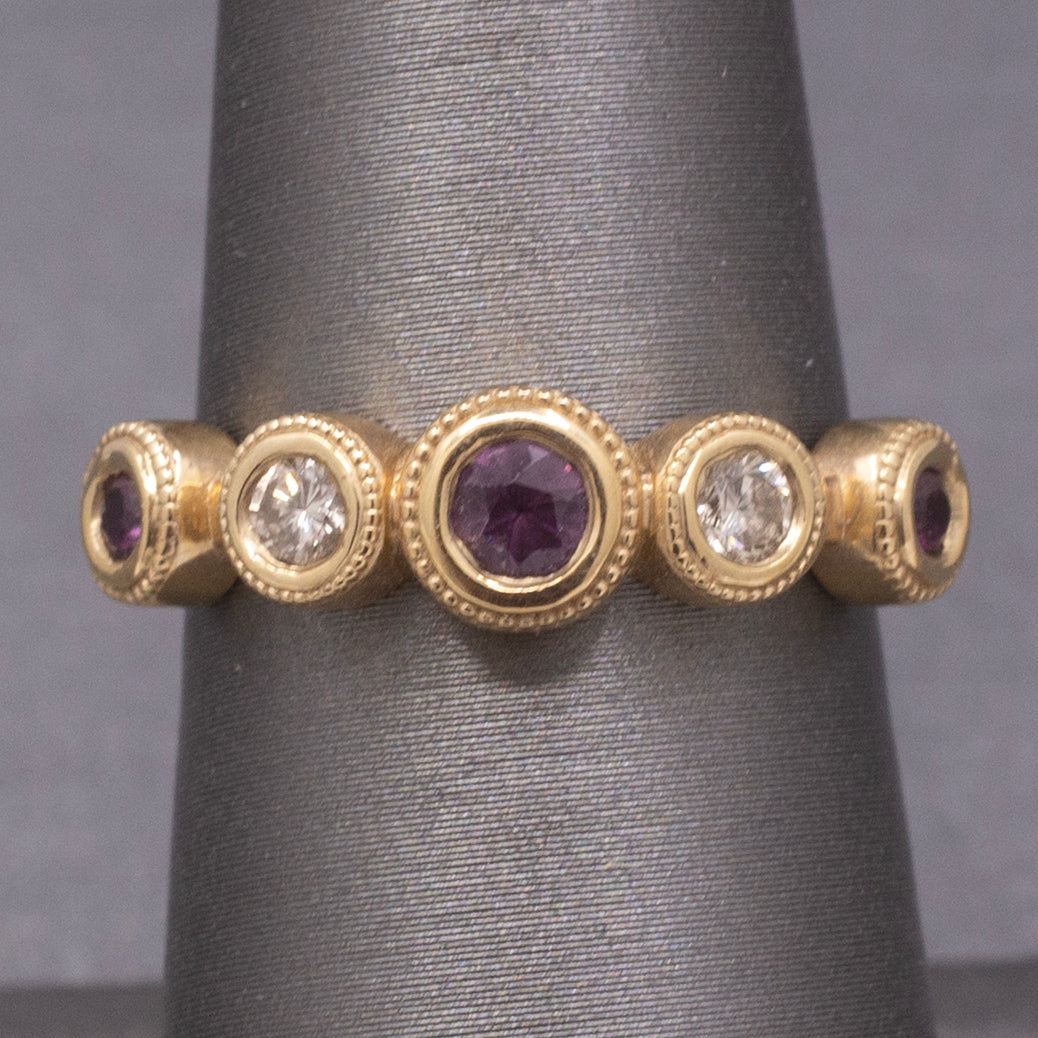 Handcrafted Rhodolite Garnet and Diamond Bezel Set Band Ring in 14k Yellow Gold