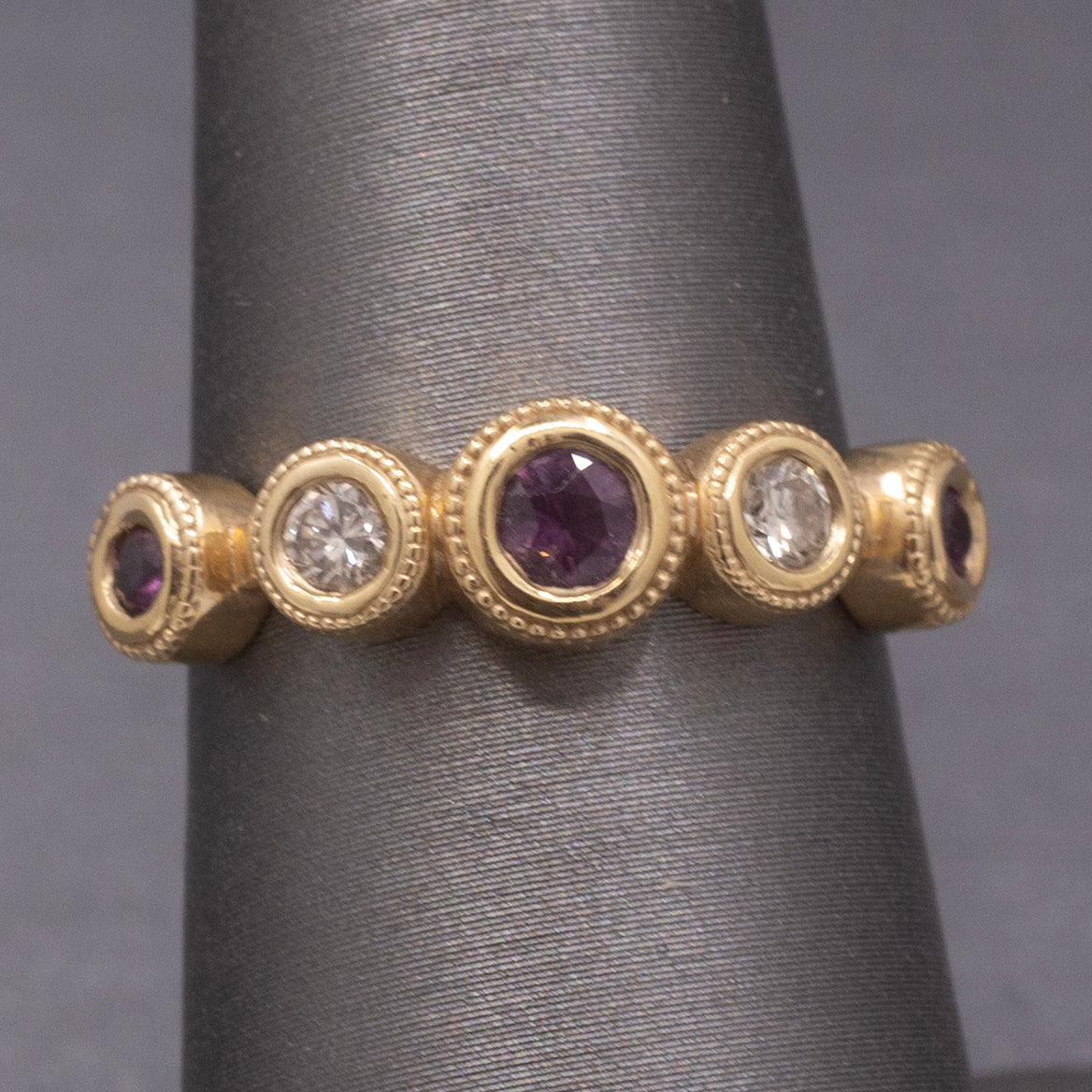 Handcrafted Rhodolite Garnet and Diamond Bezel Set Band Ring in 14k Yellow Gold