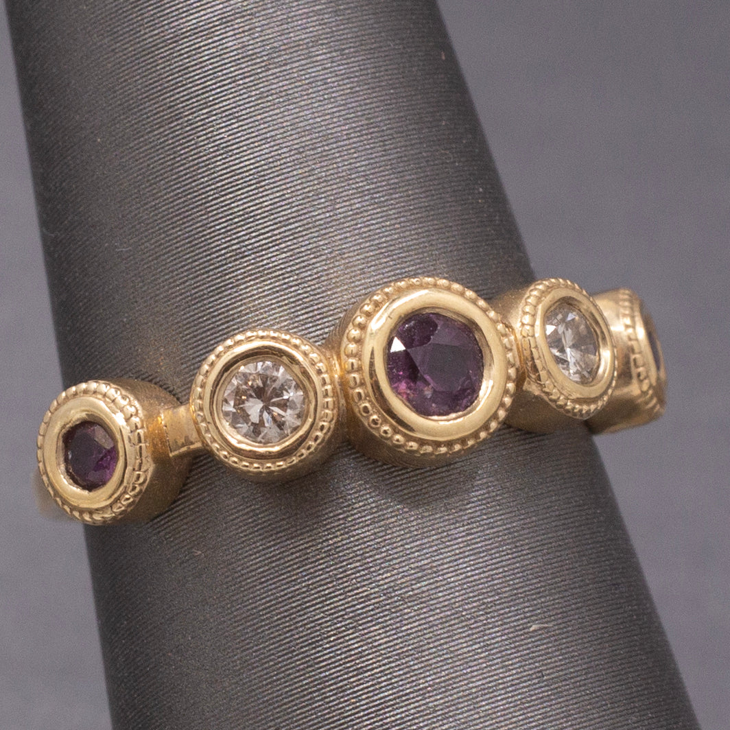 Handcrafted Rhodolite Garnet and Diamond Bezel Set Band Ring in 14k Yellow Gold
