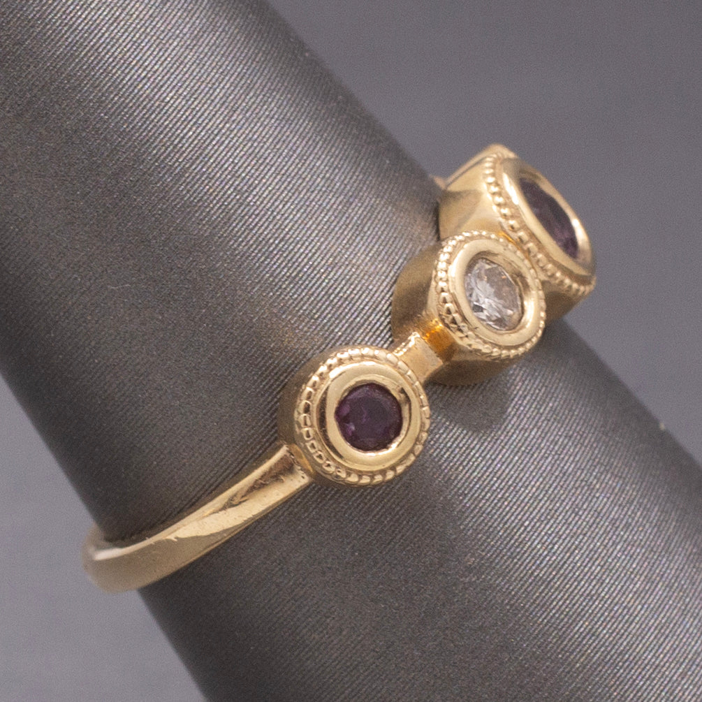 Handcrafted Rhodolite Garnet and Diamond Bezel Set Band Ring in 14k Yellow Gold
