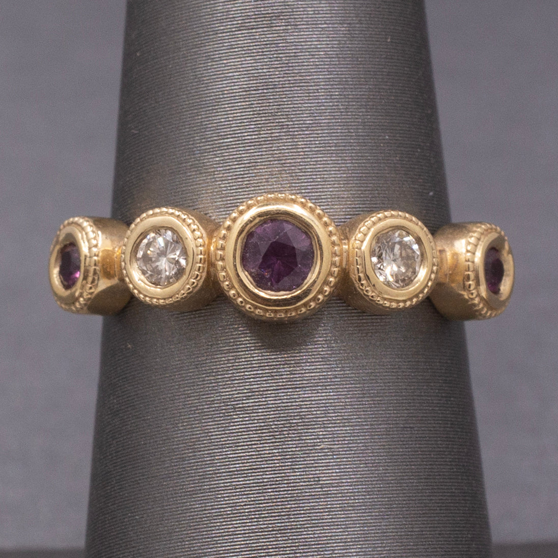 Handcrafted Rhodolite Garnet and Diamond Bezel Set Band Ring in 14k Yellow Gold
