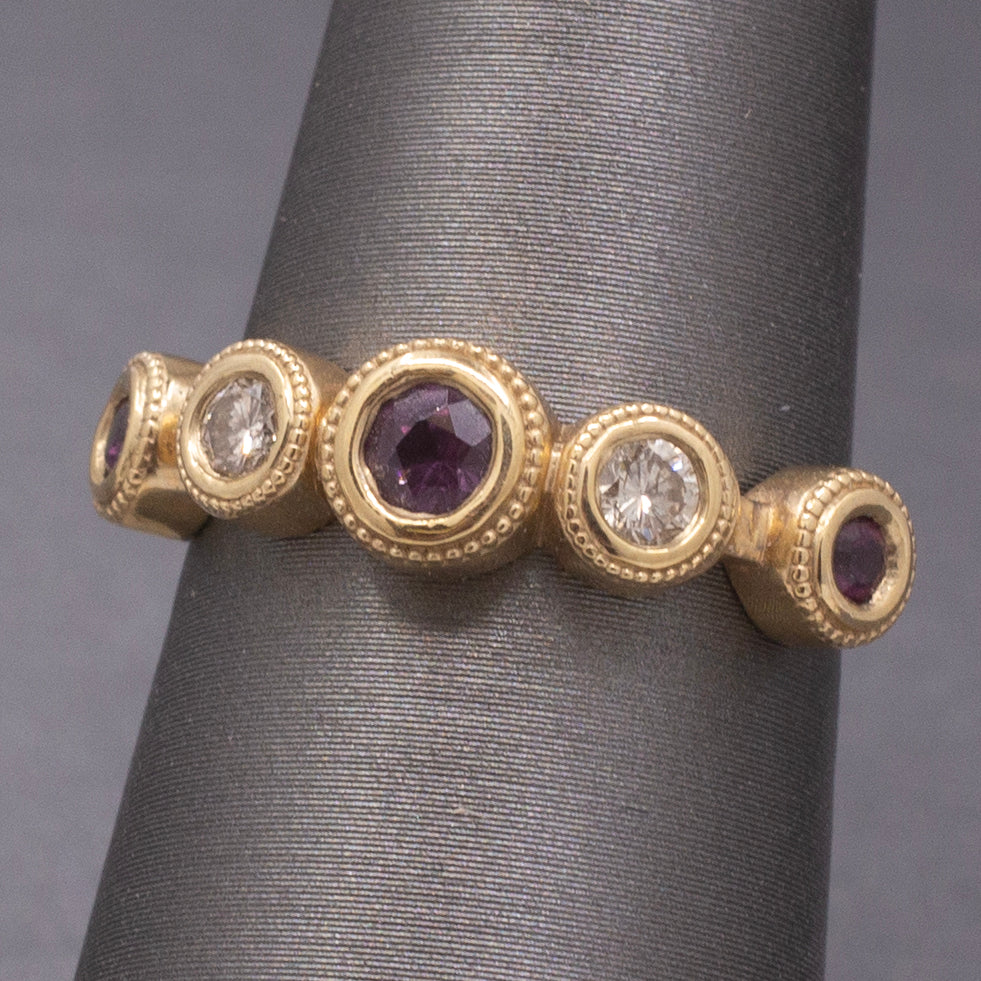 Handcrafted Rhodolite Garnet and Diamond Bezel Set Band Ring in 14k Yellow Gold
