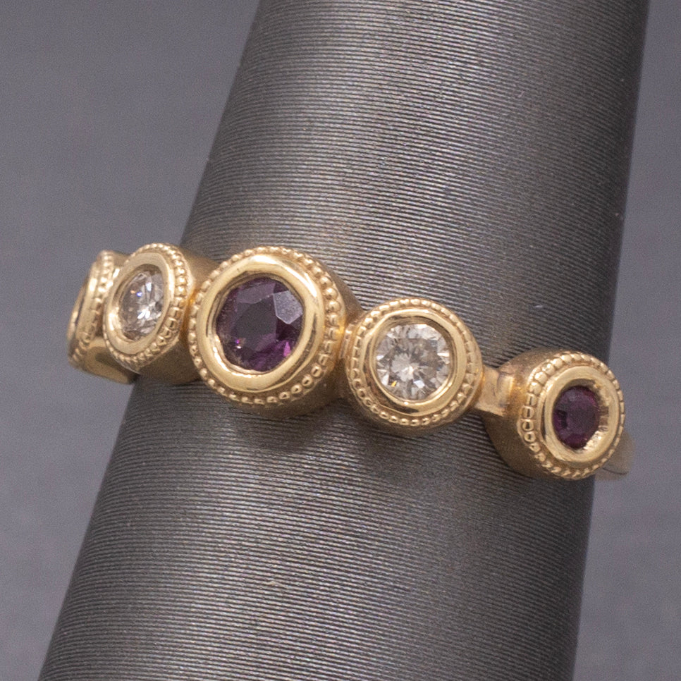 Handcrafted Rhodolite Garnet and Diamond Bezel Set Band Ring in 14k Yellow Gold
