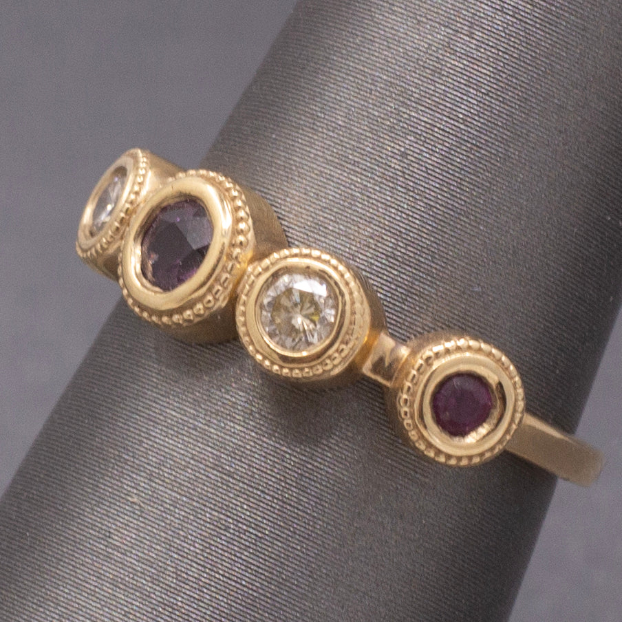 Handcrafted Rhodolite Garnet and Diamond Bezel Set Band Ring in 14k Yellow Gold