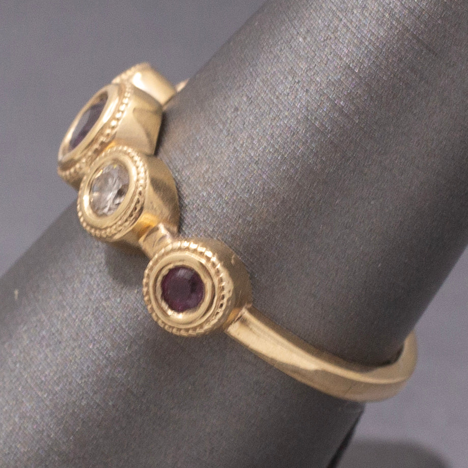 Handcrafted Rhodolite Garnet and Diamond Bezel Set Band Ring in 14k Yellow Gold