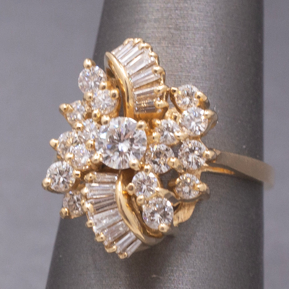 Sparkling Round and Baguette Cut Diamond Ribbon Ring in 14k Yellow Gold