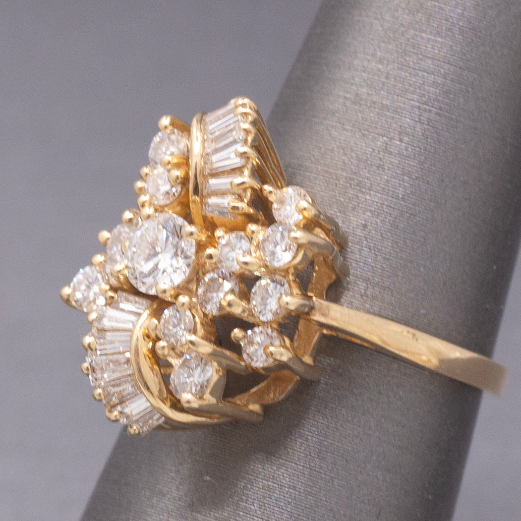 Sparkling Round and Baguette Cut Diamond Ribbon Ring in 14k Yellow Gold