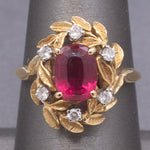 Vintage Rubellite Red Tourmaline and Diamond Wreath Garland Ring in 18k Yellow Gold