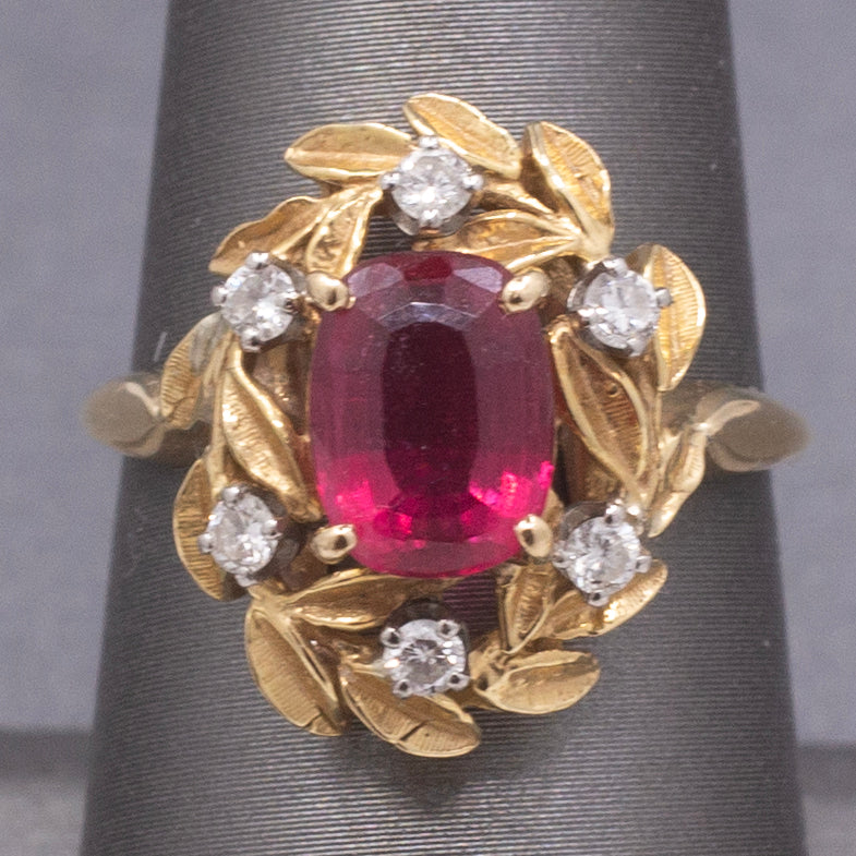 Vintage Rubellite Red Tourmaline and Diamond Wreath Garland Ring in 18k Yellow Gold