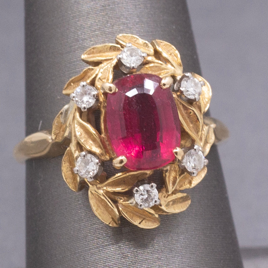 Vintage Rubellite Red Tourmaline and Diamond Wreath Garland Ring in 18k Yellow Gold