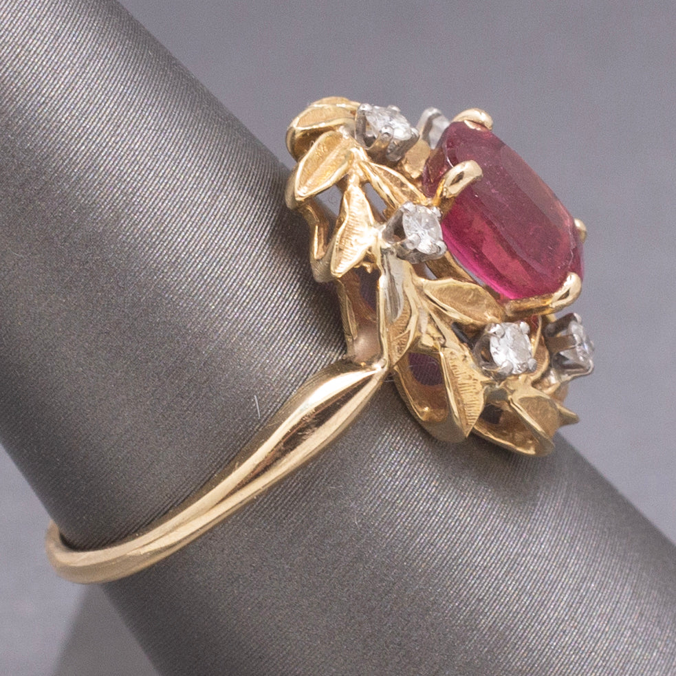 Vintage Rubellite Red Tourmaline and Diamond Wreath Garland Ring in 18k Yellow Gold