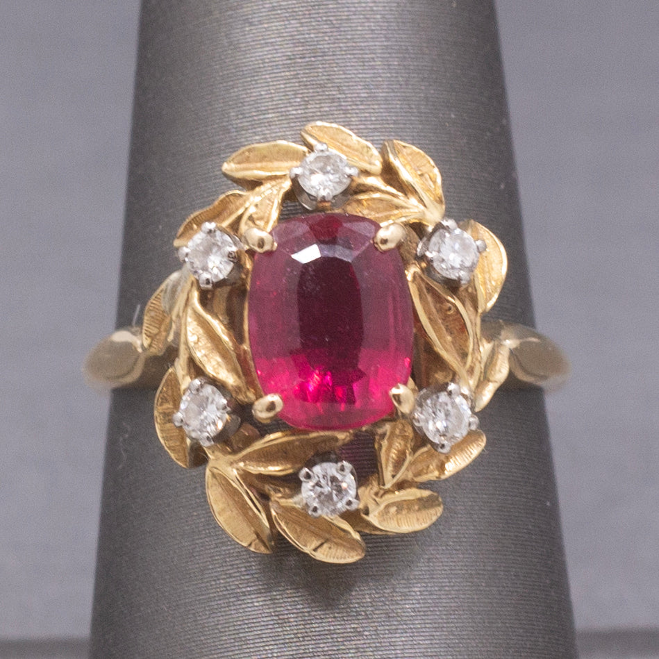 Vintage Rubellite Red Tourmaline and Diamond Wreath Garland Ring in 18k Yellow Gold