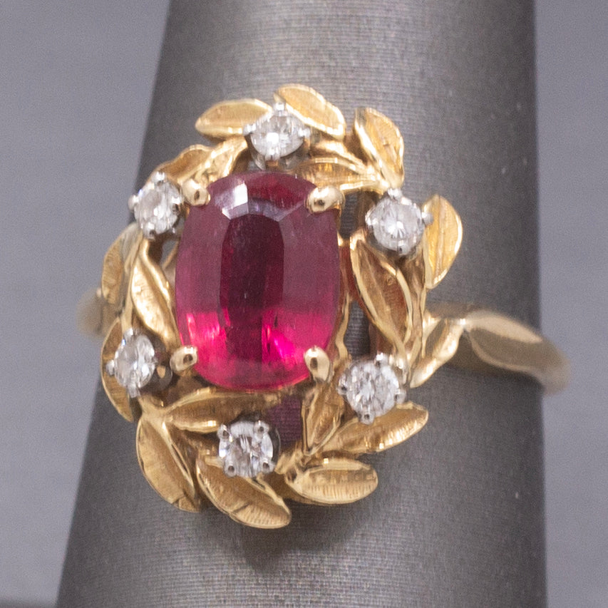Vintage Rubellite Red Tourmaline and Diamond Wreath Garland Ring in 18k Yellow Gold