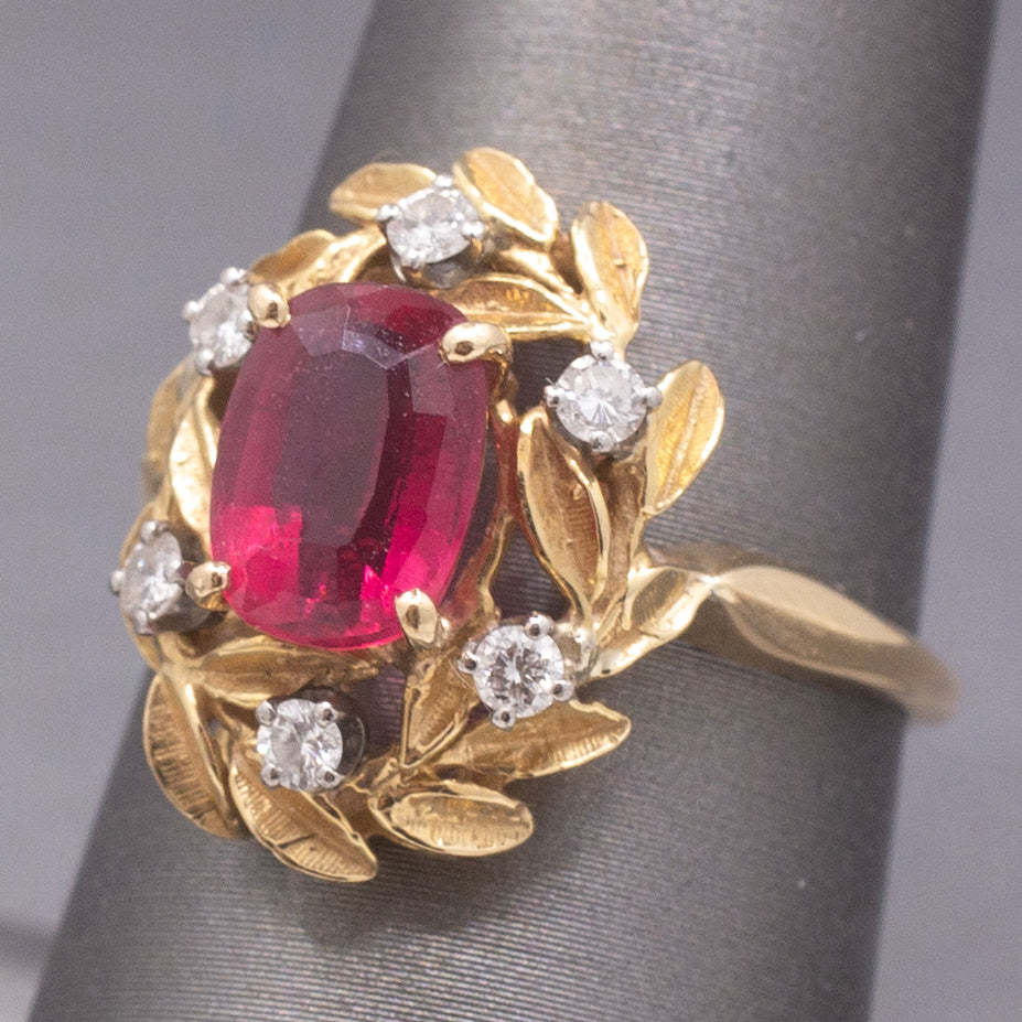 Vintage Rubellite Red Tourmaline and Diamond Wreath Garland Ring in 18k Yellow Gold