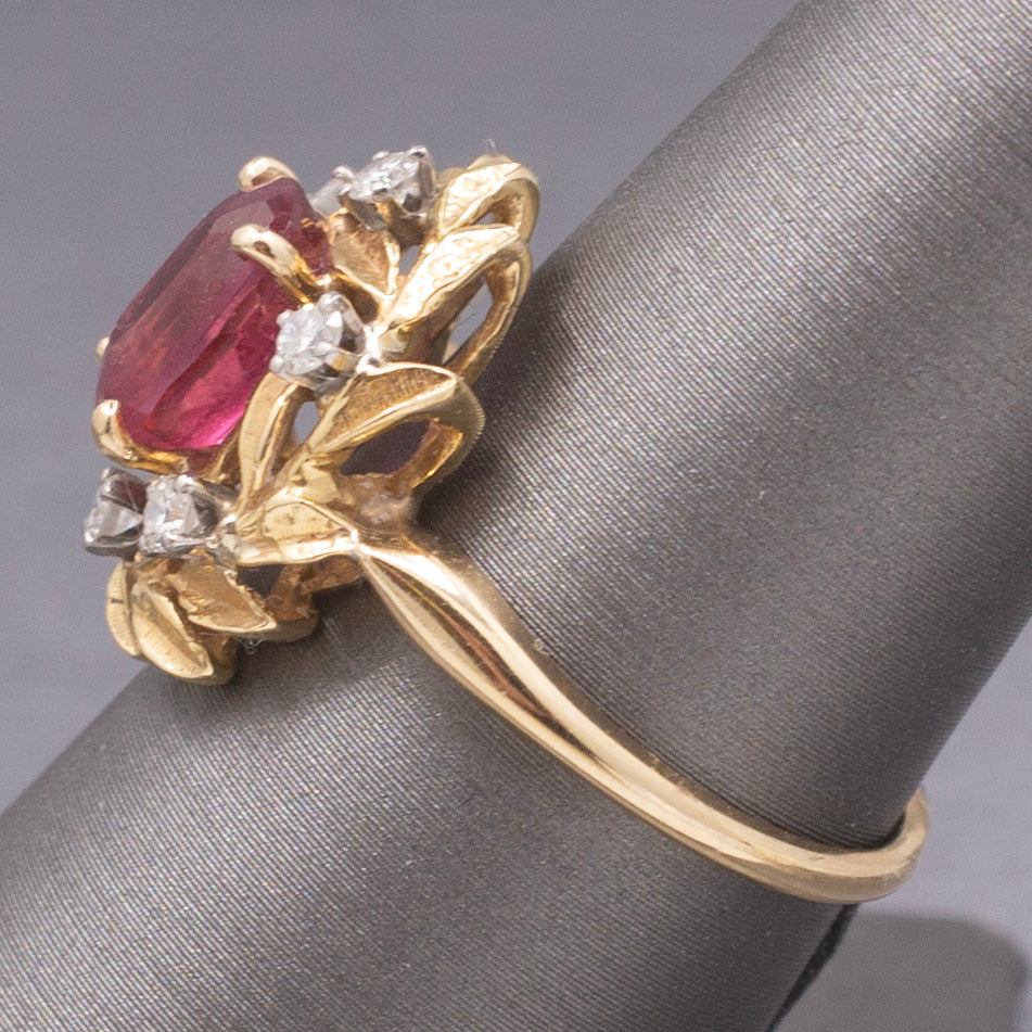 Vintage Rubellite Red Tourmaline and Diamond Wreath Garland Ring in 18k Yellow Gold
