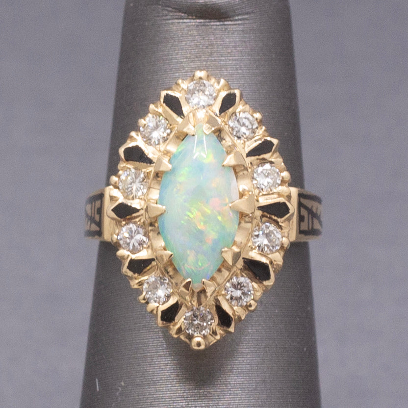 Vintage Australian Opal and Diamond Navette Cocktail Ring in 14k Yellow Gold