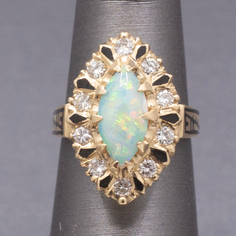 Vintage Australian Opal and Diamond Navette Cocktail Ring in 14k Yellow Gold