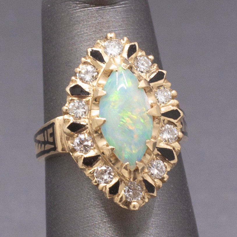 Vintage Australian Opal and Diamond Navette Cocktail Ring in 14k Yellow Gold