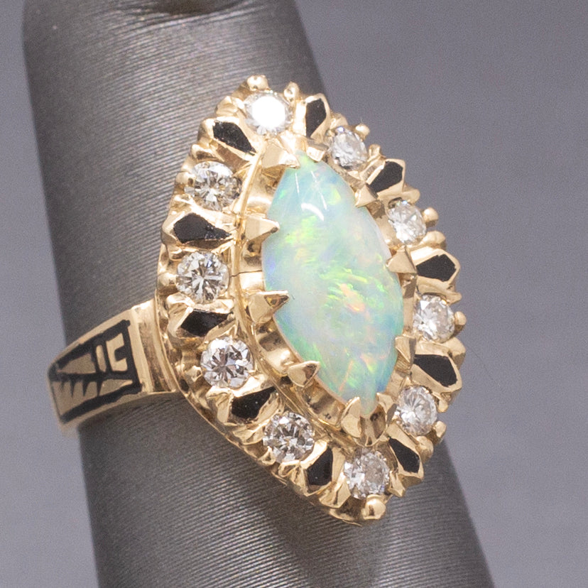 Vintage Australian Opal and Diamond Navette Cocktail Ring in 14k Yellow Gold