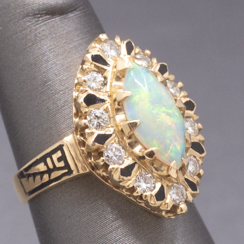 Vintage Australian Opal and Diamond Navette Cocktail Ring in 14k Yellow Gold